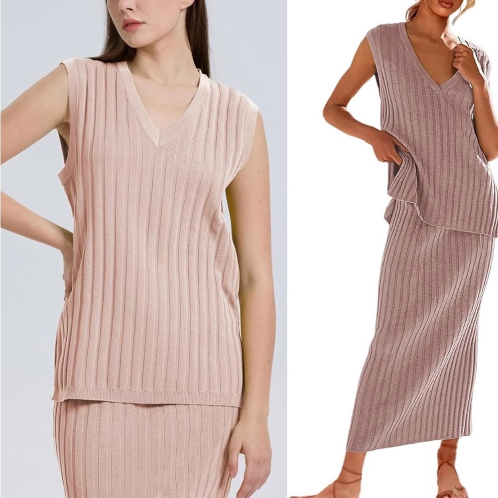 Womens Two Piece Ribbed Sweater Top & Skirt Set Sleeveless V Neck Soft Blush Med